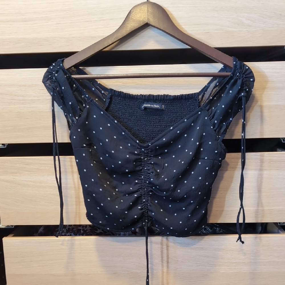 Navy Blue Polka Dot Ruched Top